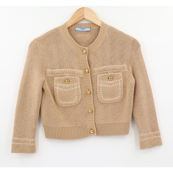 Prada Sweaters - Prada Women's Cotton Cardigan Bold Button Accent Long Sleeve Beige Khaki Sz XS